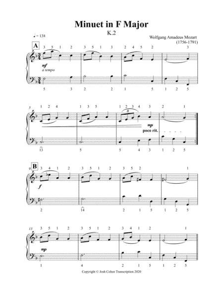 Minuet in F Major - Wolfgang Amadeus Mozart (Easy to read) (arr. Transcription by Josh Cohen)