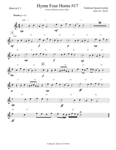 COME CHRUSTIANS, JOIN TO SING (Horn Quartet #17) (arr. James K. Taylor)