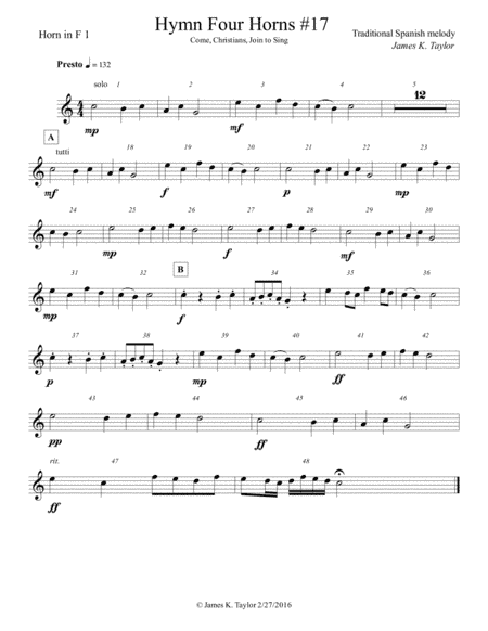COME CHRUSTIANS, JOIN TO SING (Horn Quartet #17) (arr. James K. Taylor)