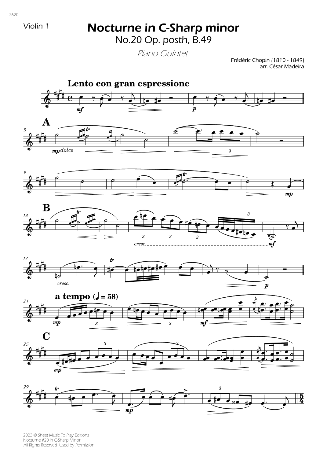 Nocturne No.20 in C Sharp minor - Piano Quintet (Individual Parts) (arr. César Madeira)