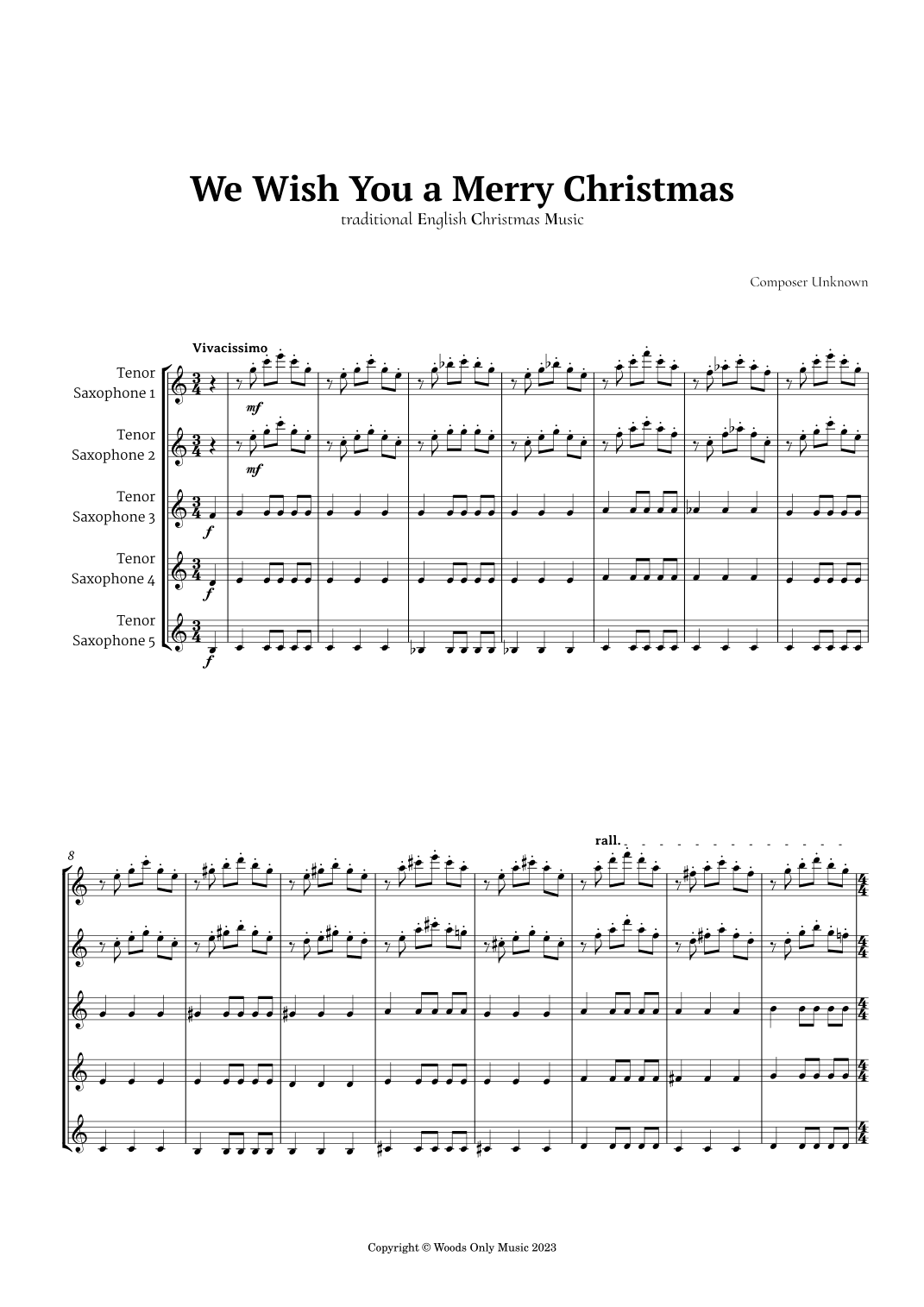 We Wish You a Merry Christmas for Tenor Sax Quintet (arr. Ander)