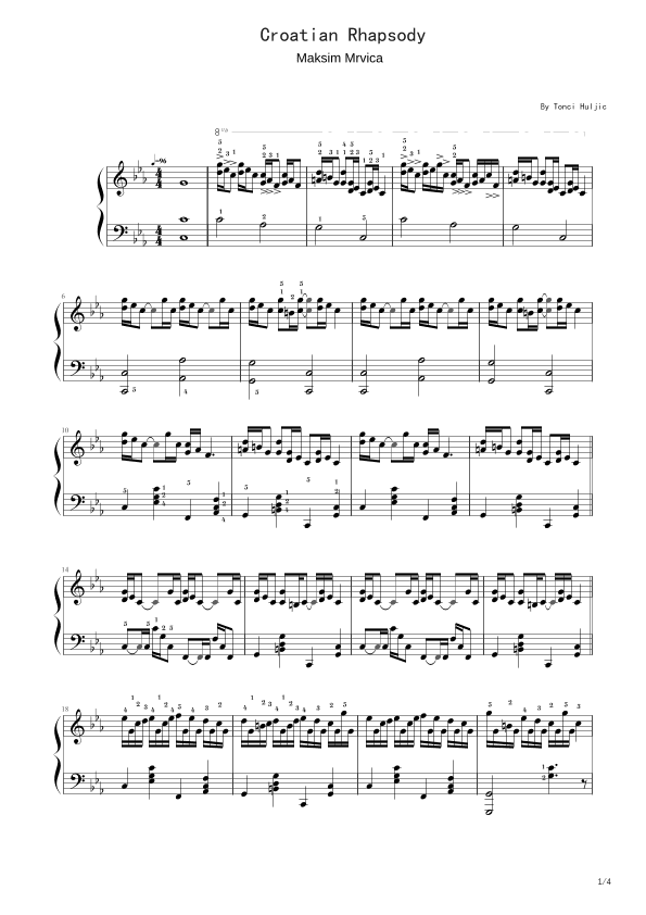 Croatian Rhapsody,Maksim Mrvica,Piano Solo Sheet,With Fingering (arr. poon)
