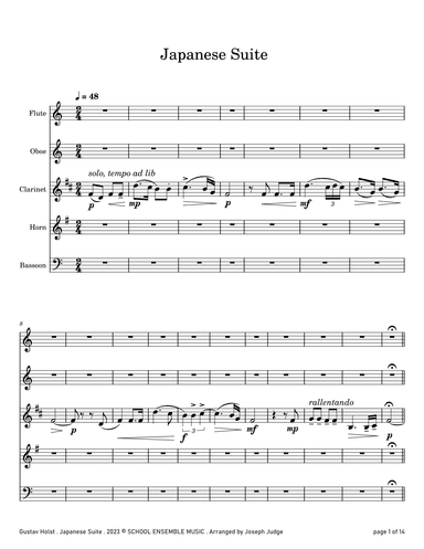 Japanese Suite by Holst for Woodwind Quintet in Schools (arr. Joseph Judge)