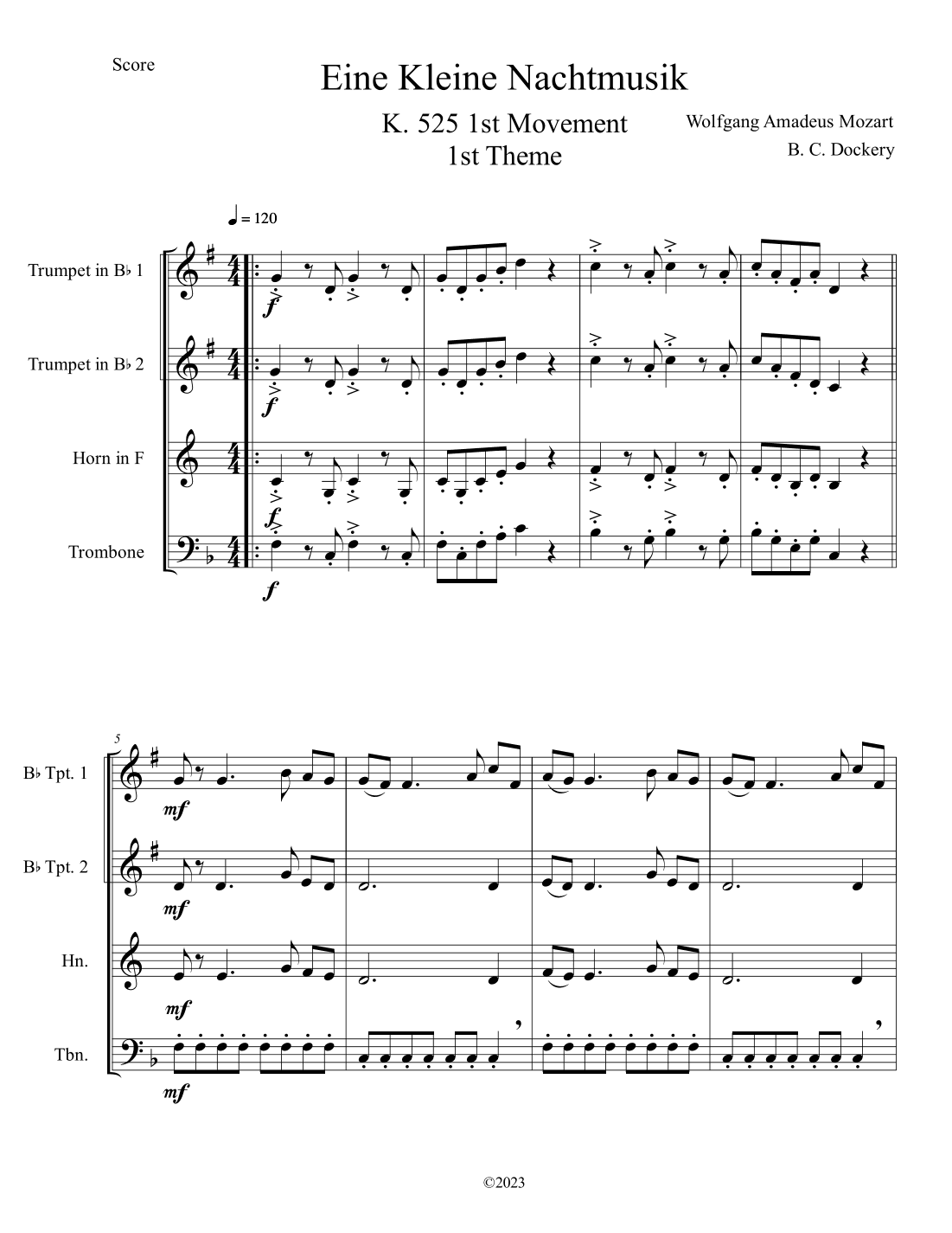 Eine Kleine Nachtmusik (A Little Night Music) for Brass Quartet (arr. B. C. Dockery)