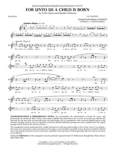 For Unto Us A Child Is Born (from “MESSIAH”) for Men’s Chorus (TTB) – VOCAL PARTS (arr. Charles A. Gravenhorst)