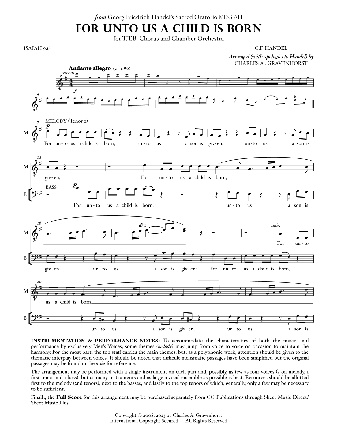 For Unto Us A Child Is Born (from “MESSIAH”) for Men’s Chorus (TTB) – VOCAL PARTS (arr. Charles A. Gravenhorst)