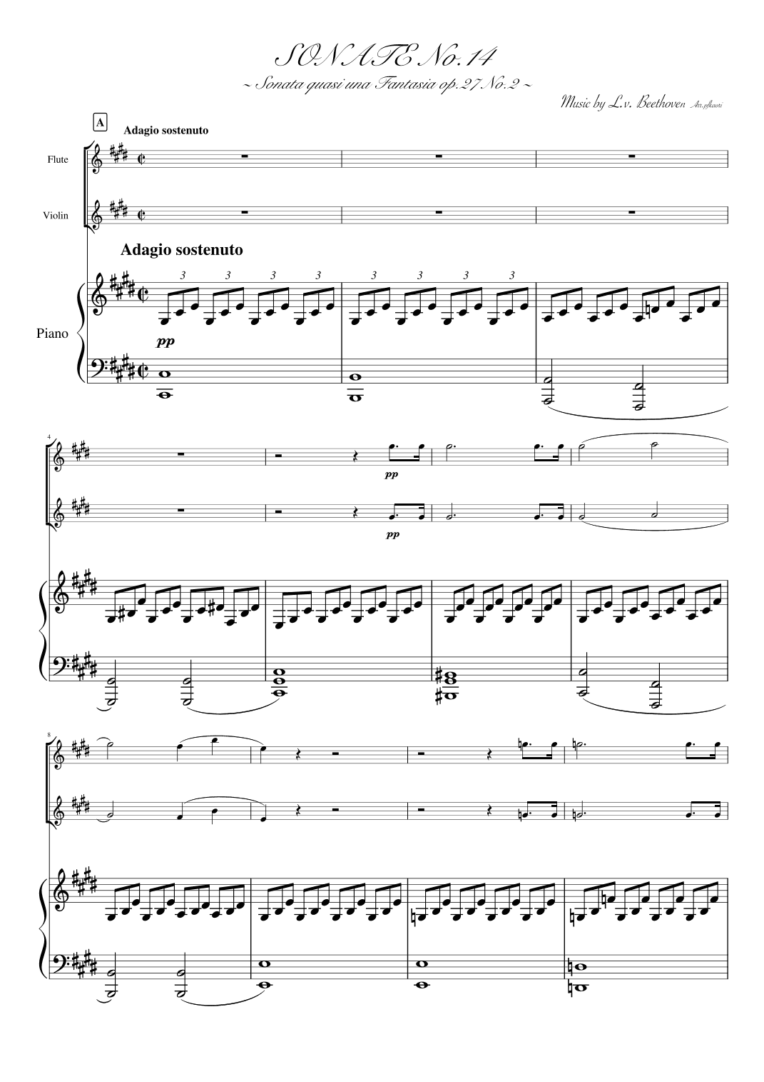 "Piano Sonata No.14" Piano trio (flute & violin) (arr. pfkaori)