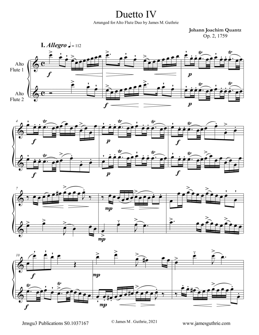 Quantz: Duetto Op. 2 No. 4 for Alto Flute Duo (arr. James M. Guthrie)