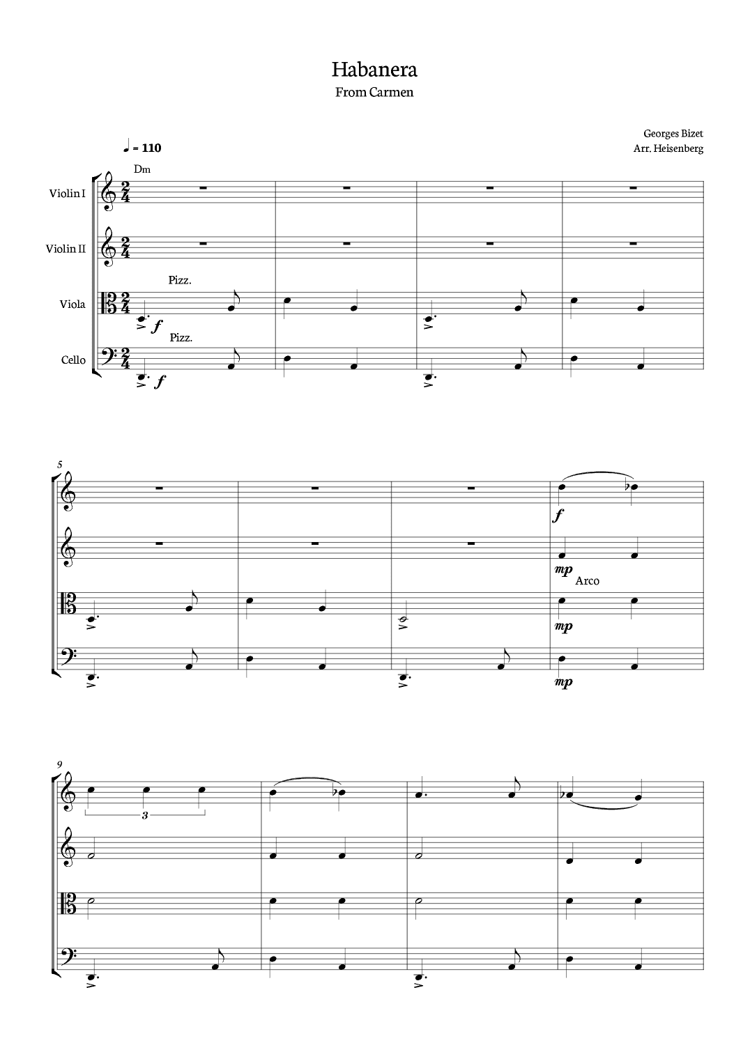 Habanera -Carmen - Georges Bizet, for String Quartet in a easy version with chords - Score and parts (arr. Heisenberg)