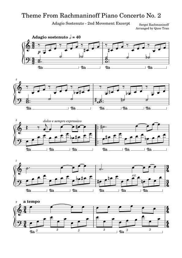 Theme from Rachmaninoff Piano Concerto No. 2 - Adagio Sostenuto - 2nd Movement Excerpt (Easy) (arr. Quoc Tran)