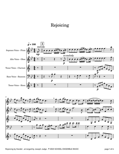Rejoicing by Handel for Woodwind Quartet in Schools (arr. Joseph Judge)