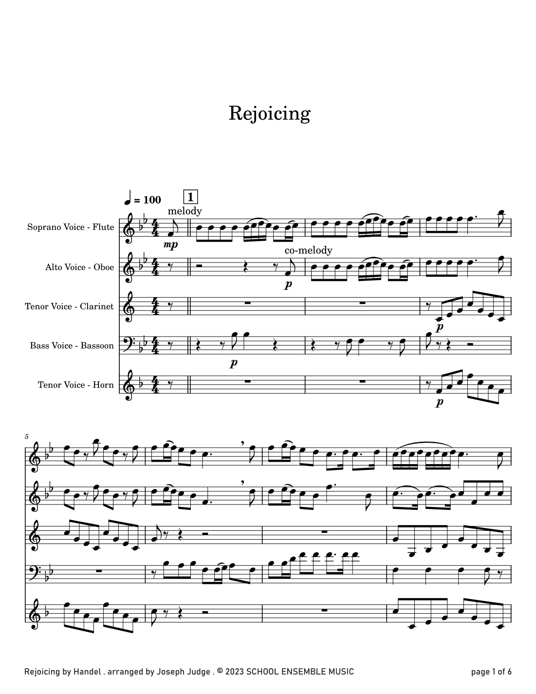 Rejoicing by Handel for Woodwind Quartet in Schools (arr. Joseph Judge)