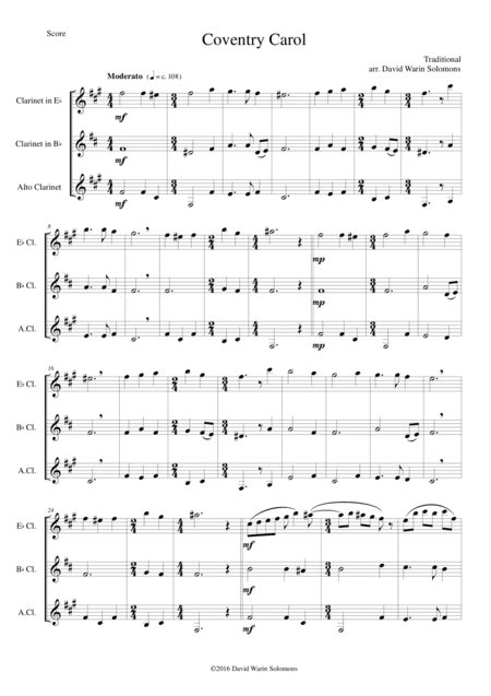 Coventry Carol for clarinet trio (E flat, B flat, Alto) (arr. David Warin Solomons)
