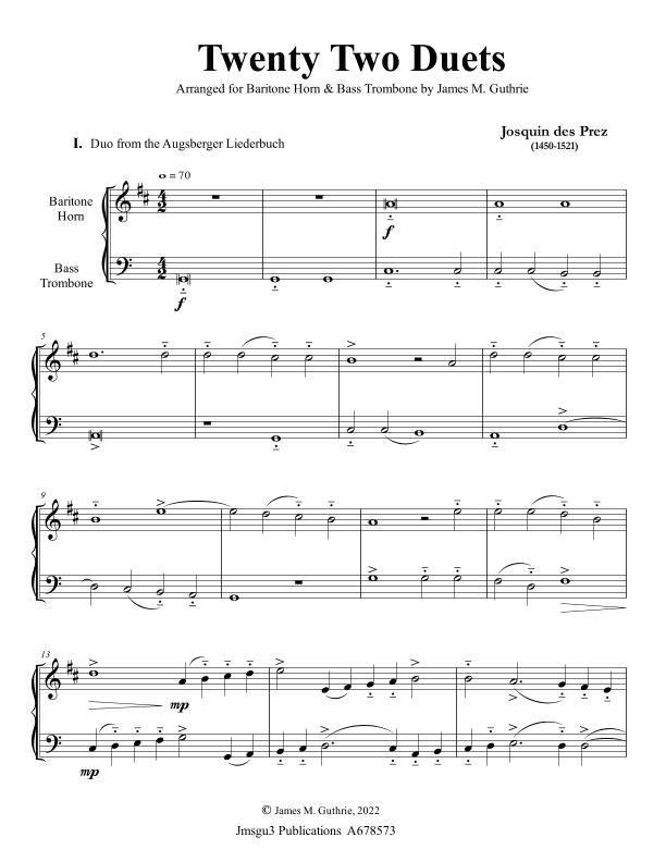 Josquin: 22 Duets for Baritone Horn & Bass Trombone (arr. James M. Guthrie)