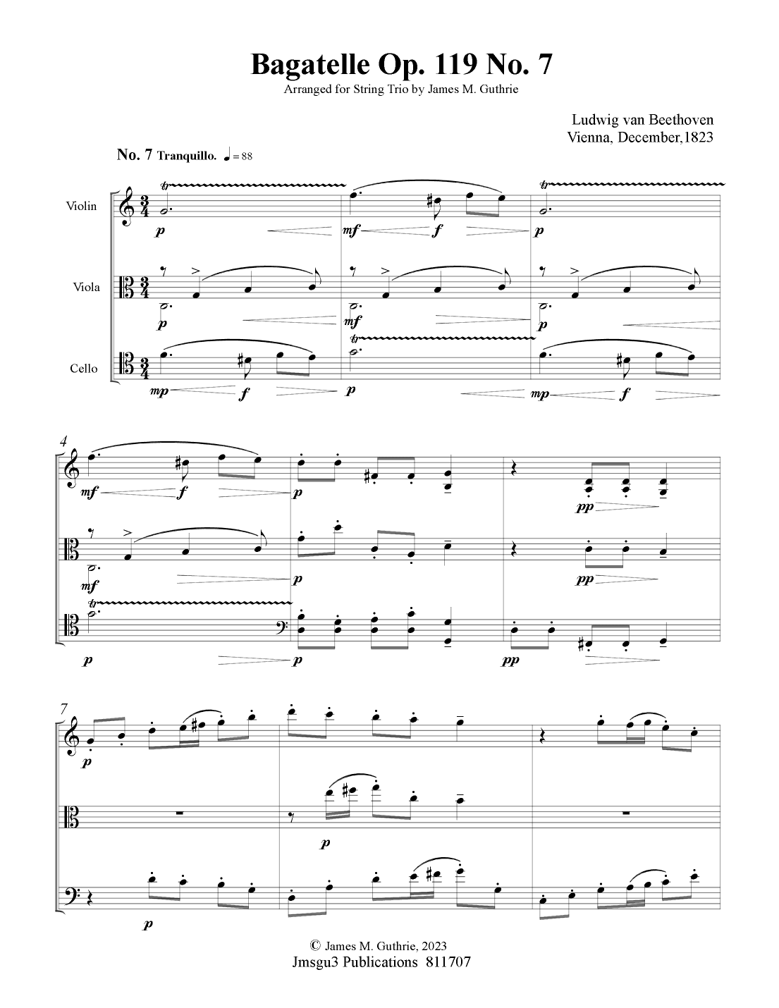 Beethoven: Bagatelle Op. 119 No. 7 for String Trio (arr. James M. Guthrie, ASCAP)