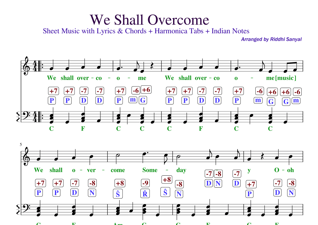 We Shall Overcome in Sheet Music with Lyrics & Chords, Harmonica Tabs & Indian Notation (arr. Riddhi Sanyal)