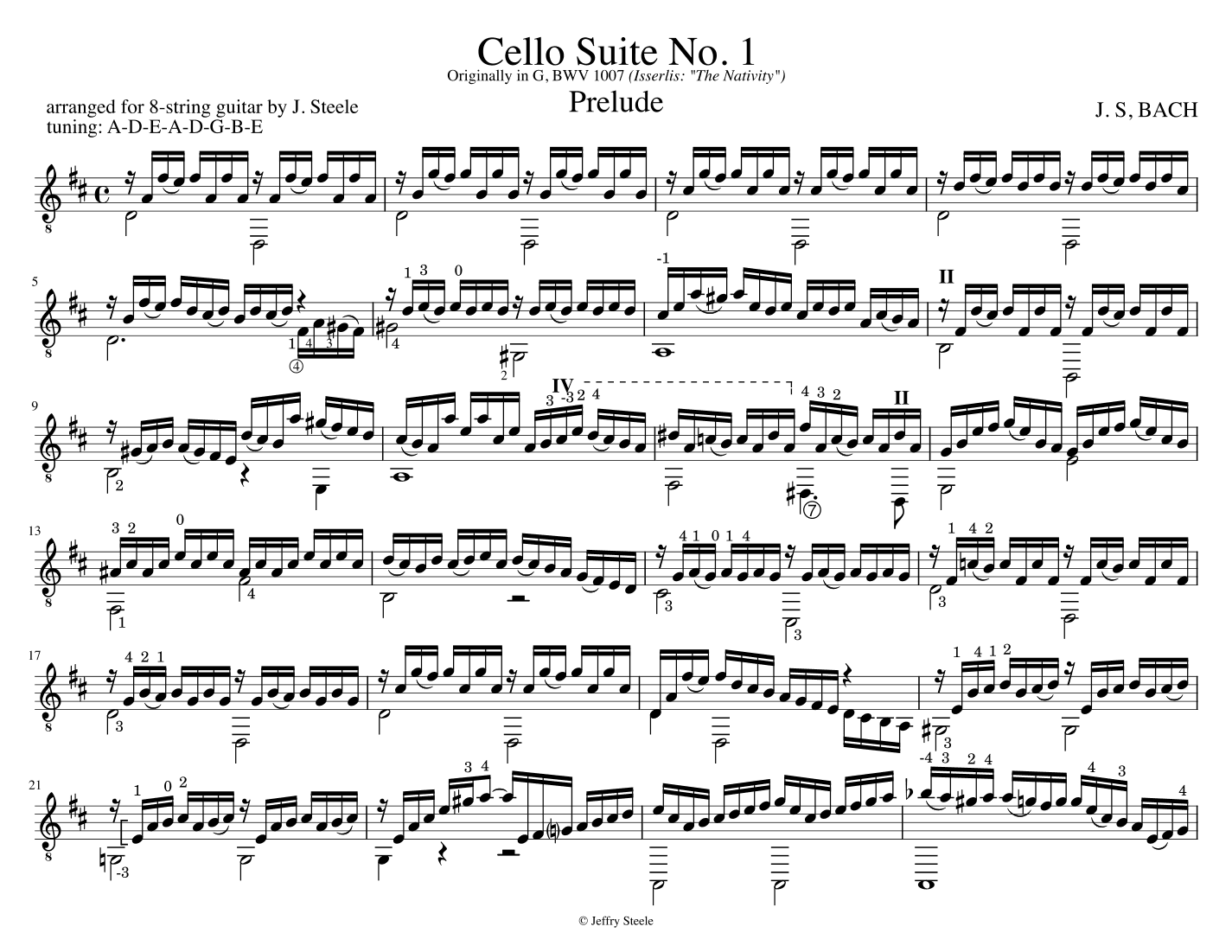 Cello Suite No. 1, BWV 1007, arranged for 8-string guitar (arr. Jeffry Steele)