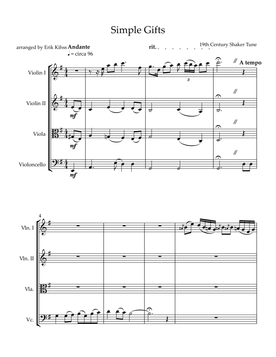 Simple Gifts (for String Quartet) (arr. Erik Kihss)
