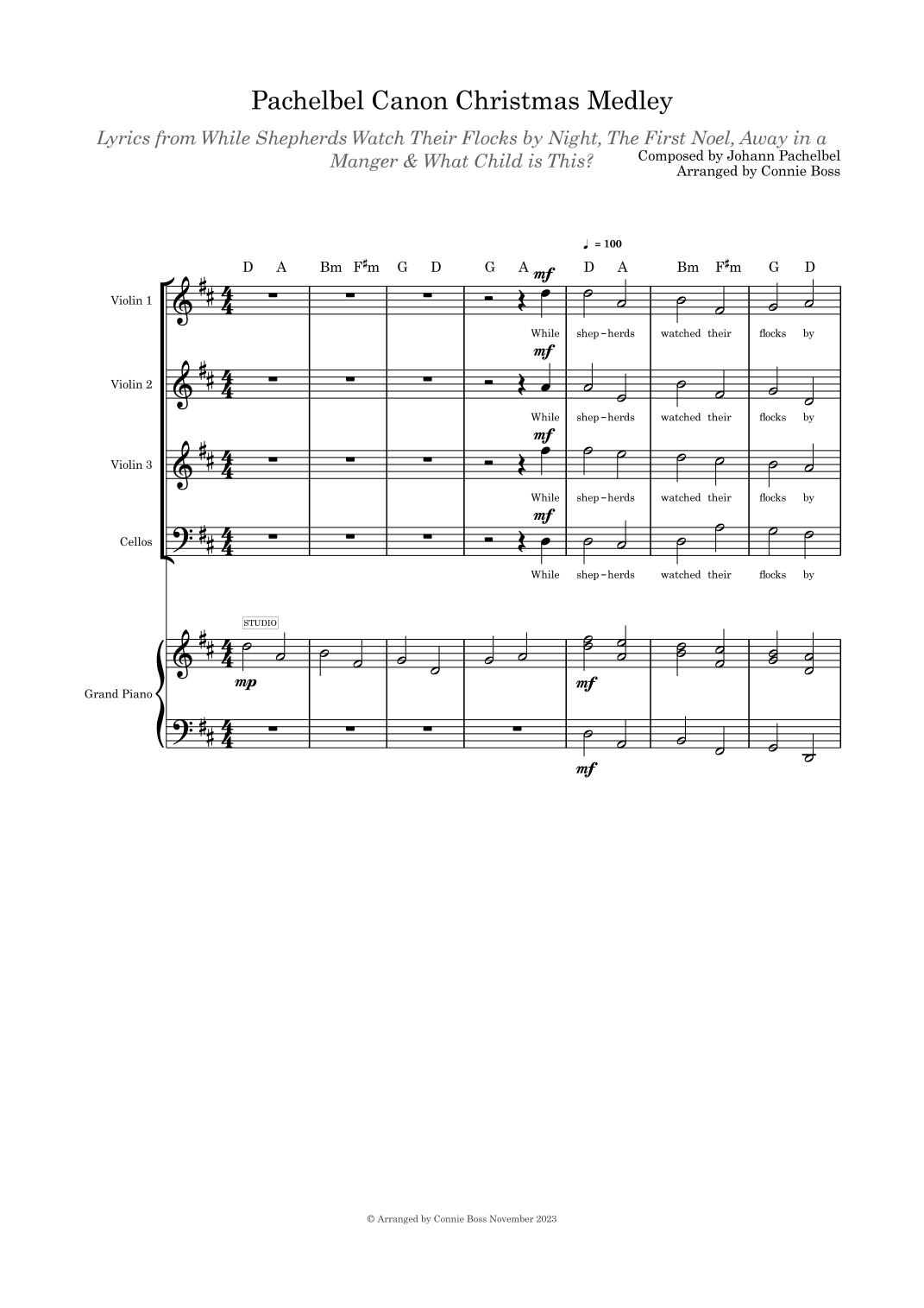 Pachelbel Canon with optional Christmas Medley lyrics strings quartet and piano (arr. Connie Boss)
