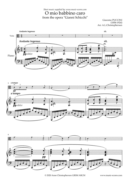 O Mio Babbino Caro - Viola and Piano (arr. Anne Christopherson GRSM ARCM)