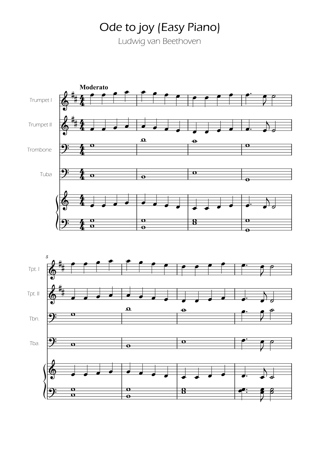 Ode To Joy - Easy Brass Quartet w/ piano accompaniment (arr. Ygor Nunes)