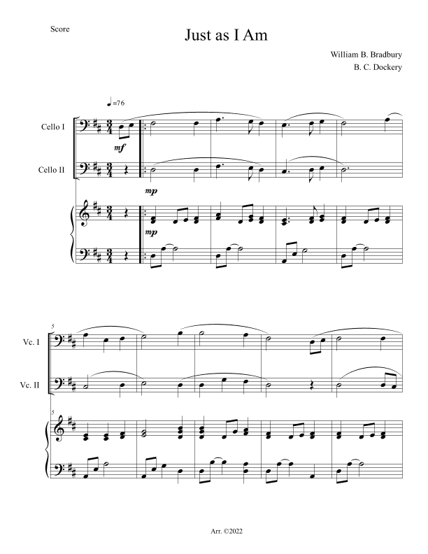 Just As I Am (Cello Duet with Piano) (arr. B. C. Dockery)