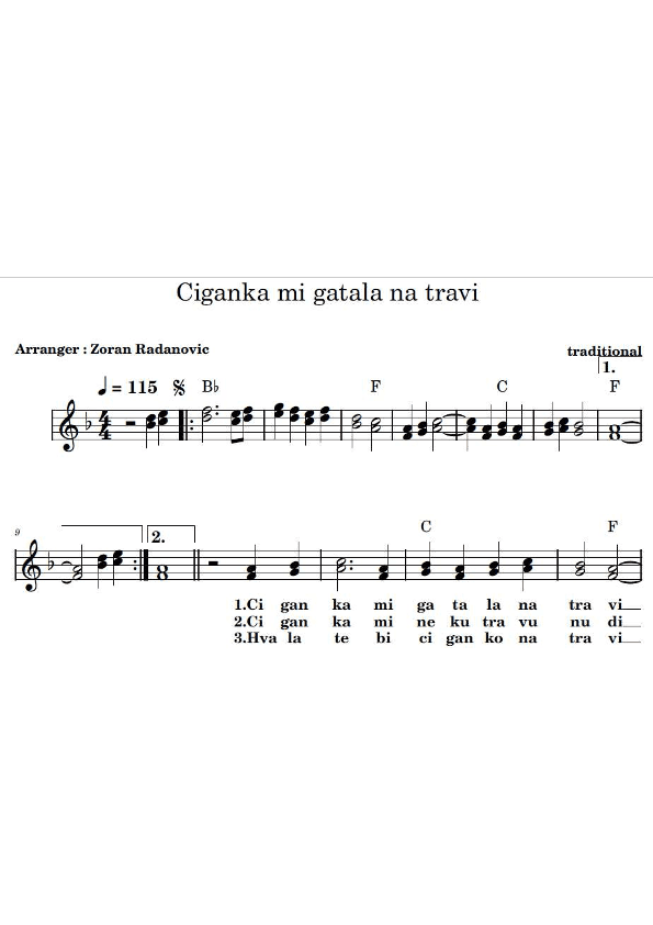 Ciganka mi gatala na travi - lead sheet (arr. Zoran Radanovic)