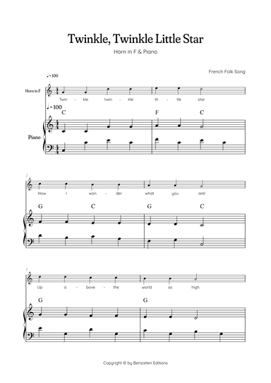 Twinkle, Twinkle Little Star • Easy french horn sheet music with easy piano accompaniment w/ chords (arr. Benzaiten Editions)