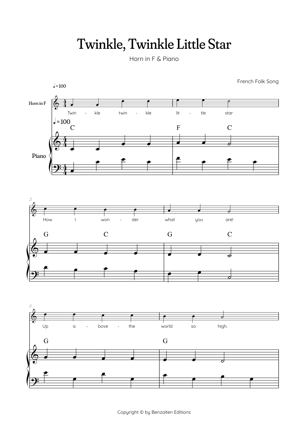 Twinkle, Twinkle Little Star • Easy french horn sheet music with easy piano accompaniment w/ chords (arr. Benzaiten Editions)