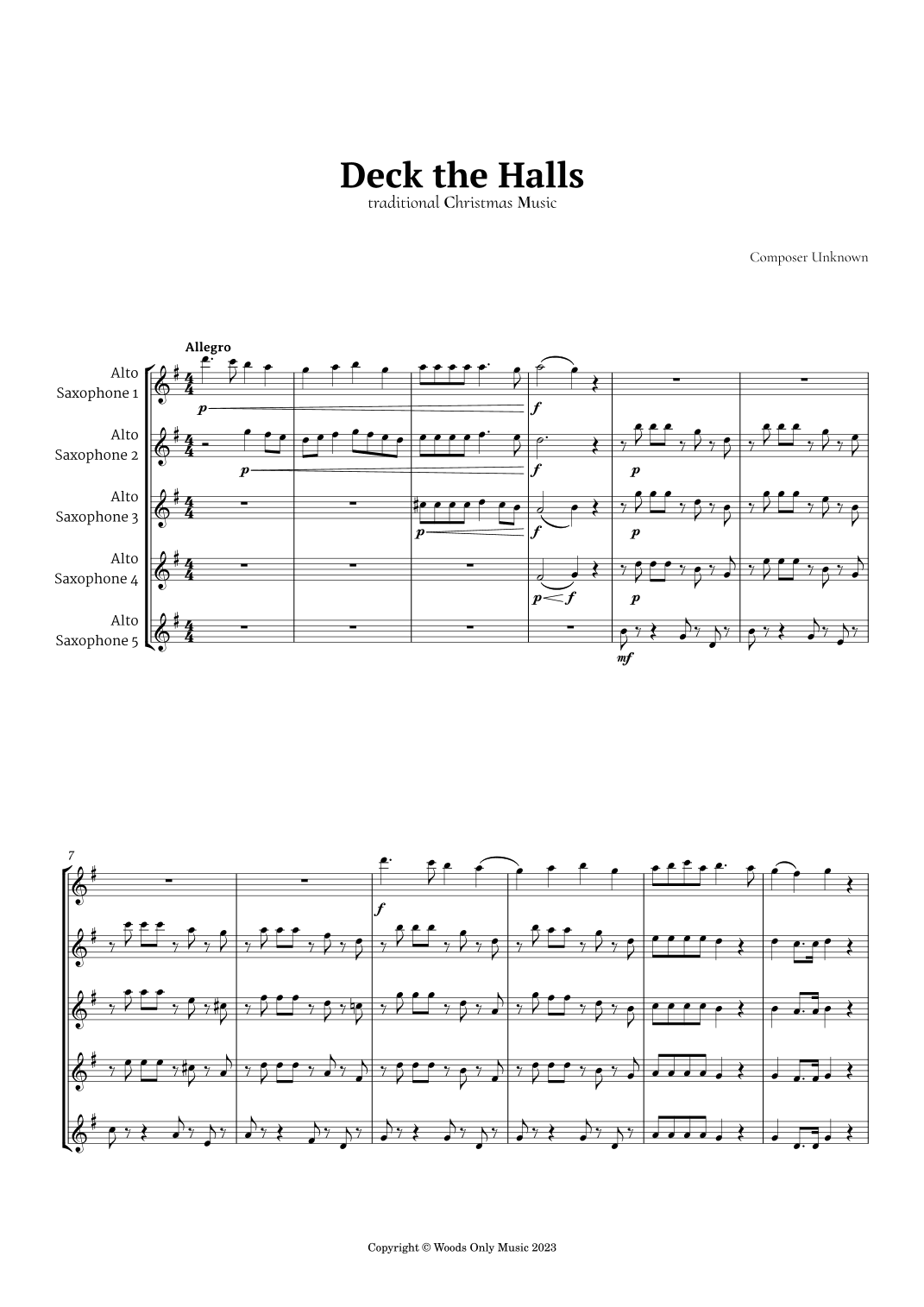 Deck the Halls by Oliphant for Alto Sax Quintet (arr. Ander)