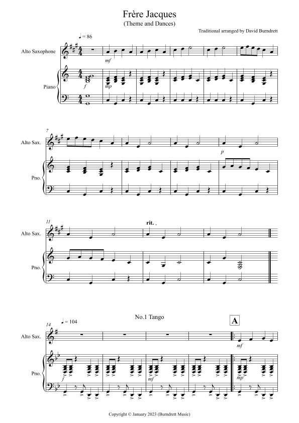 Frère Jacques Dances for Alto Saxophone and Piano (arr. David Burndrett)
