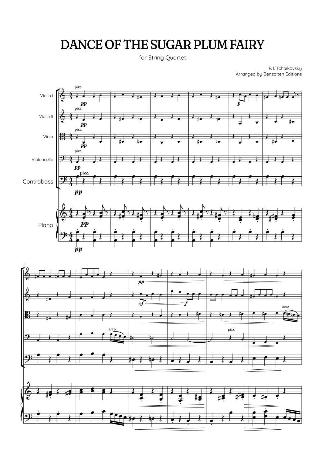 Dance of the Sugar Plum Fairy • String Quintet sheet music with piano accompaniment (arr. Benzaiten Editions)