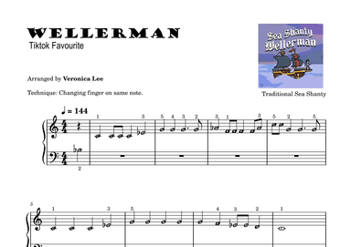 Wellerman - Traditional Easy Beginner Piano Sheet Music with note names and finger numbers (arr. Veronica Lee)