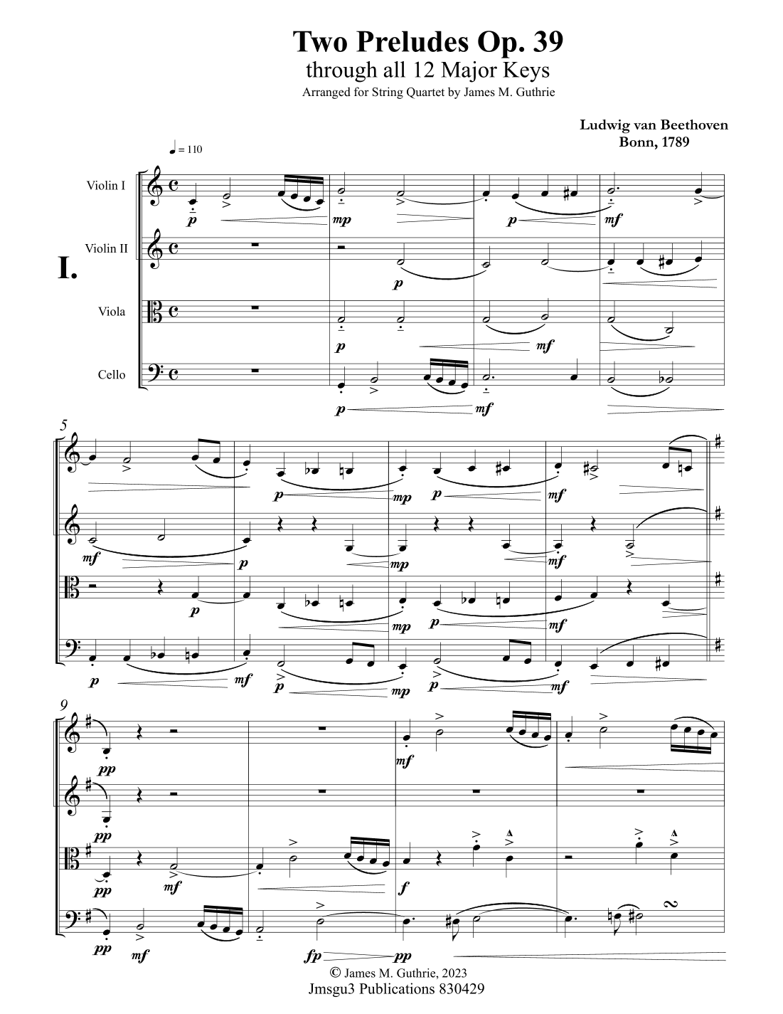 Beethoven: Two Preludes Op. 39 Complete for String Quartet (arr. James M. Guthrie, ASCAP)
