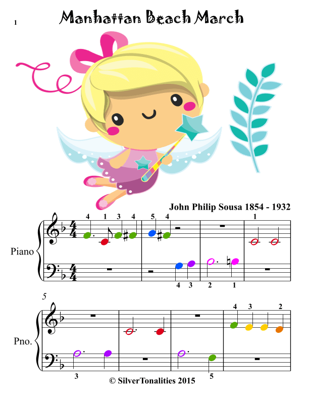 Manhattan Beach March Beginner Piano Sheet Music with Colored Notes (arr. SilverTonalities)