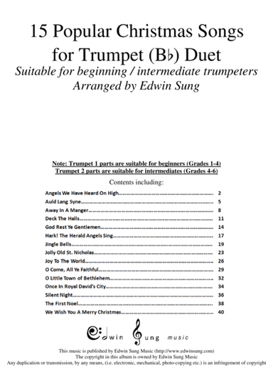 15 Popular Christmas Songs for Trumpet (Bb)Duet (Suitable for beginning / intermediate trumpeters) (arr. Edwin Sung)