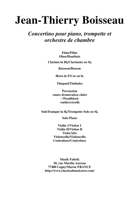 Jean-Thiuerry Boisseau Concertino  for Piano, Trumpet in Bb and Orchestra, score and solo parts