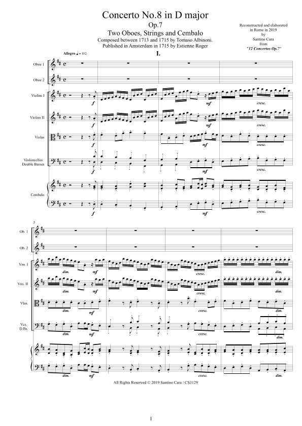Albinoni - Concerto No.8 in D major Op.7 for Two Oboes, Strings and Cembalo (arr. Santino Cara)