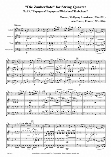"Die Zauberflöte" for String Quartet, No.13, "Papagena! Papagena! Weibchen! Täubchen!" (arr. Danzi, Franz Ignaz (1763-1826))