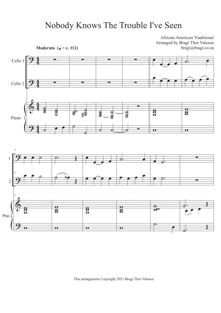 Nobody Knows The Trouble I've Seen - Duet for two Cellos with Piano accompaniment (arr. Bragi Thor Valsson)