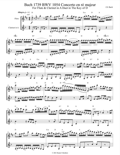 Bach 1739 BWV 1054 Concerto en ré majeur For Duet with Flute & Clarinet iin A in the Key of D (arr. Rainer Grant Roth)