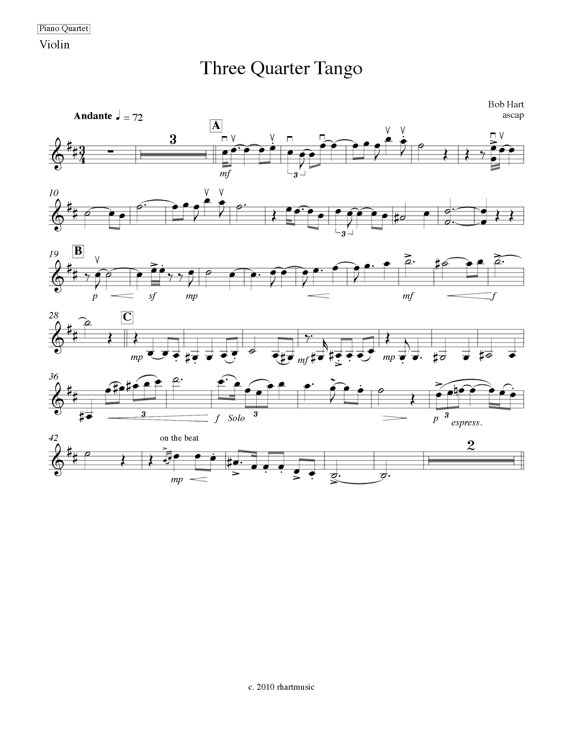 Three Quarter Tango for Piano Quartet