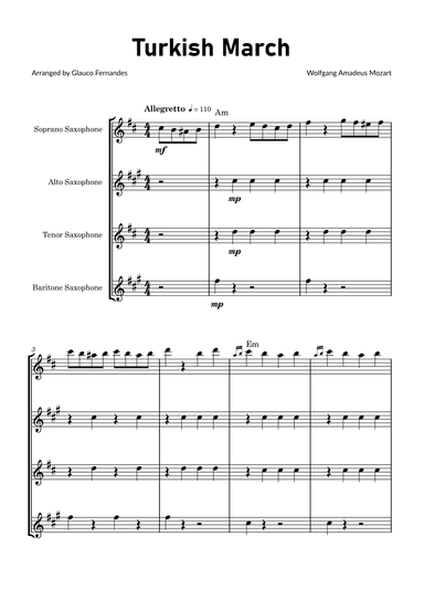 Turkish March by Mozart - Saxophone Quartet with Chord Notations (arr. Glauco Fernandes)