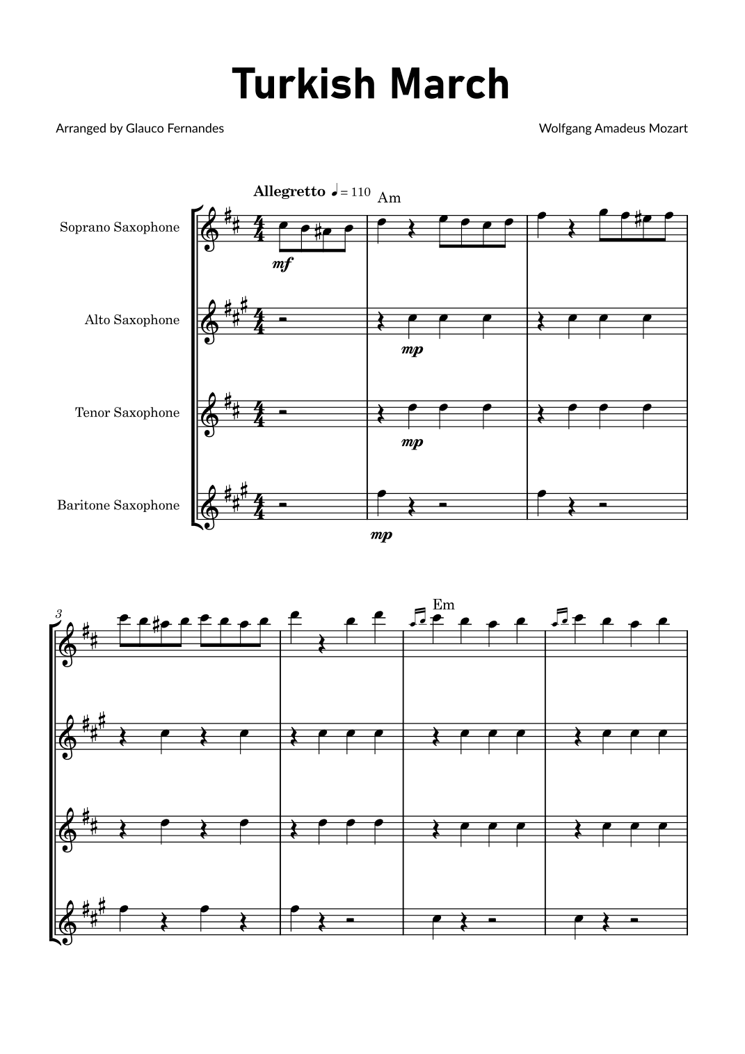 Turkish March by Mozart - Saxophone Quartet with Chord Notations (arr. Glauco Fernandes)