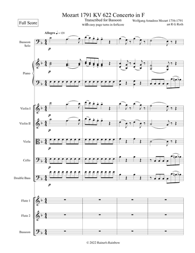 Mozart 1791 KV 622 Bassoon Concerto in F Chamber Ens Score and Parts (arr. R G Roth)