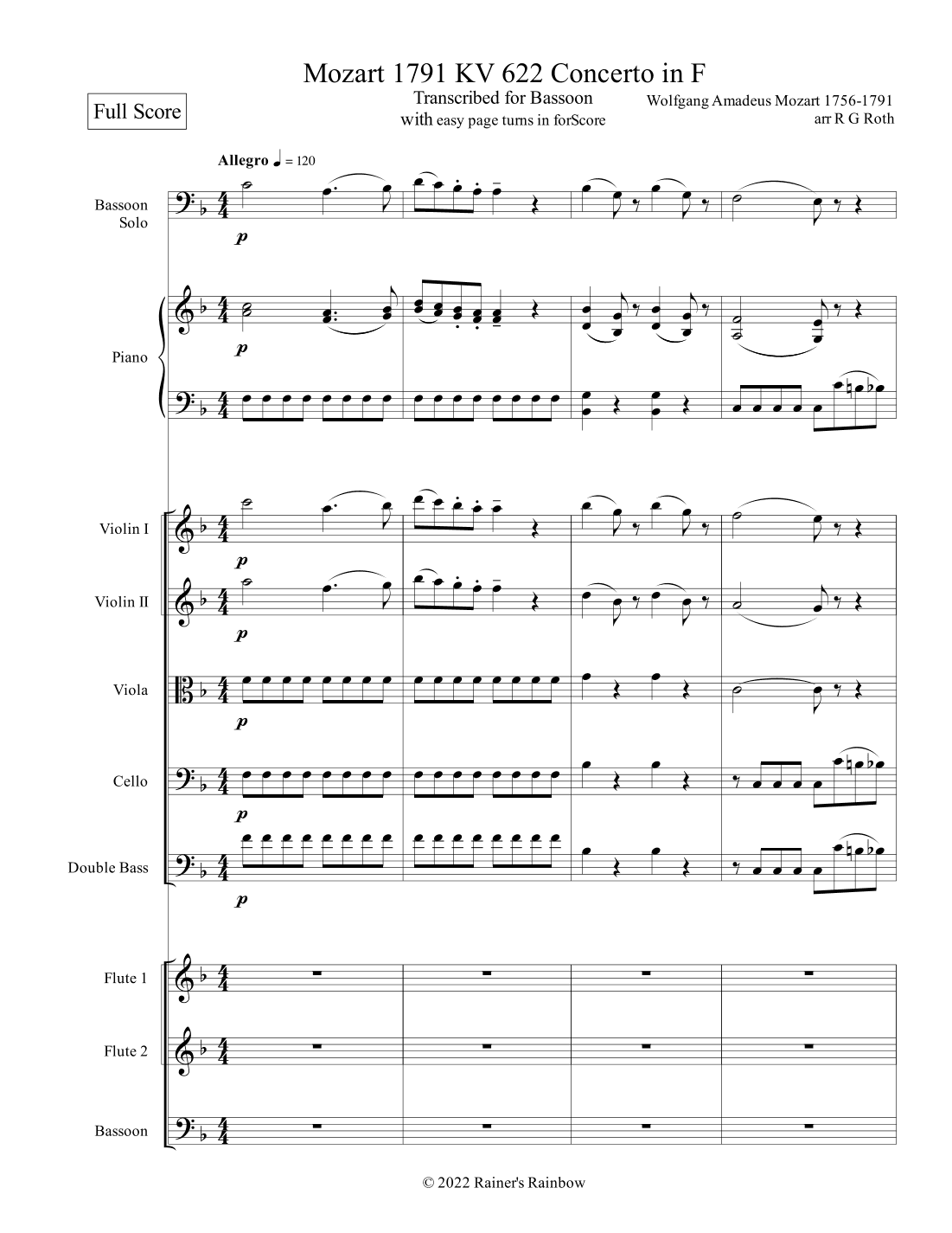 Mozart 1791 KV 622 Bassoon Concerto in F Chamber Ens Score and Parts (arr. R G Roth)