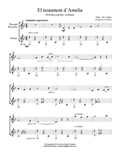 El testament d'Amelia for descant recorder and guitar (arr. K. Krantz)