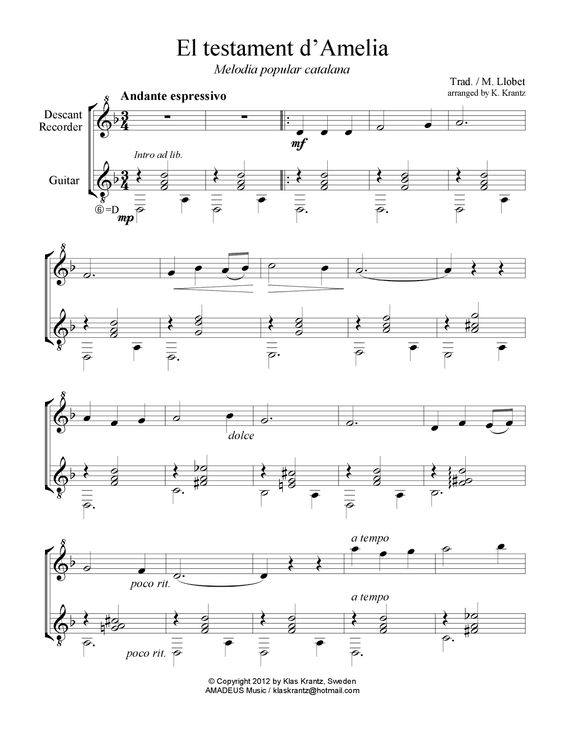 El testament d'Amelia for descant recorder and guitar (arr. K. Krantz)