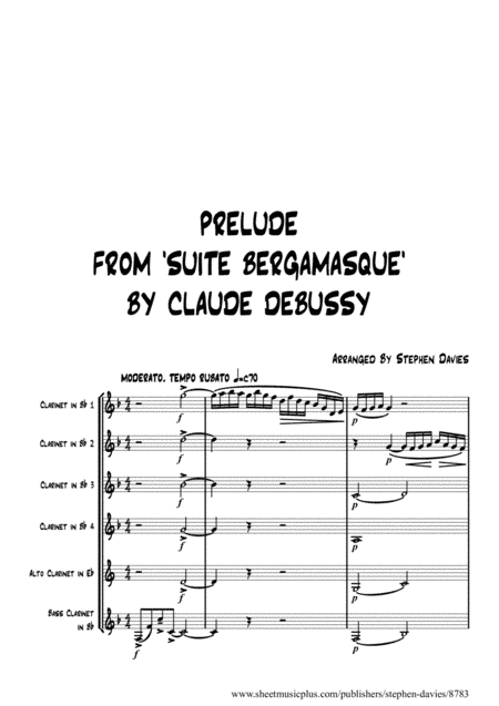 'Prelude From Suite Bergamasque' by Claude Debussy arranged for Clarinet Sextet. (arr. Stephen Davies)