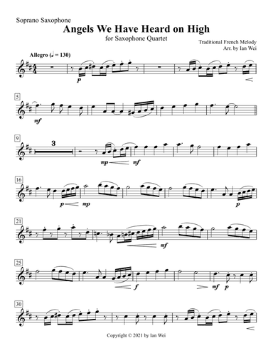 Angels We Have Heard on High for Saxophone Quartet (arr. Ian Wei)